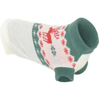 Weißer gestrickter Hundepullover mit grün geripptem Hals und Bündchen, rotem Rentier- und Schneeflockenmuster.