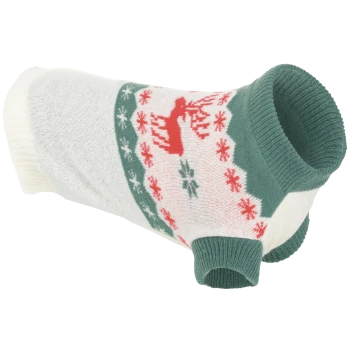 Pull pour chien en maille blanc avec col et poignets côtelés verts, motif rennes rouges et flocons de neige.