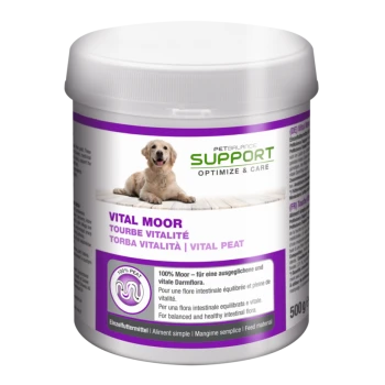 Behälter von Petbalance Support Vital Moor, ein 500g Hundefutterergänzungsmittel mit einem Golden Retriever auf dem Etikett.