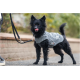 Schwarzer flauschiger Hund trägt eine graue DOGZAWK-Jacke an der Leine, steht auf dem Gehweg mit herausgestreckter Zunge.