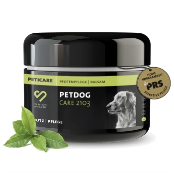 Schwarzes und grünes Glas von Petcare Petdog Care 2103 Balsam für die Pfotenpflege, mit einer Hundesilhouette und einem Blatt daneben.