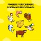 Cartoon-Tiere—Huhn, Fisch, Truthahn, Ente, Kuh und Käse—auf gelbem Hintergrund mit "PROBIERE VERSCHIEDENE GESCHMACKSRICHTUNGEN."