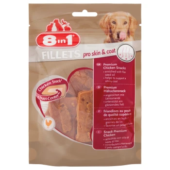 8in1 Fillets pro Haut & Fell Hundeleckerlipackung, mit hochwertigen Hühnersnacks, angereichert mit Leinsamenöl für ein glänzendes Fell.