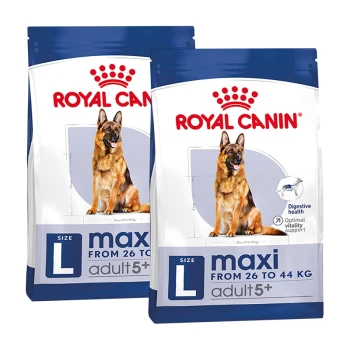Zwei Säcke Royal Canin Hundefutter für große Rassen, beschriftet mit 'maxi' und 'adult 5+', geeignet für Hunde mit einem Gewicht von 26 bis 44 kg.