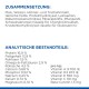 Tabelle mit Inhaltsstoffen und Nährwertinformationen für Haustierfutter auf Deutsch, die Zusammensetzung, analytische Komponenten und Vitamine pro kg detailliert.