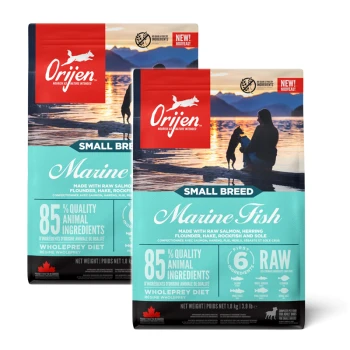 Zwei Beutel Orijen Small Breed Marine Fish Hundefutter am Wasser, die "85% hochwertige tierische Zutaten" mit verschiedenen Fischen präsentieren.