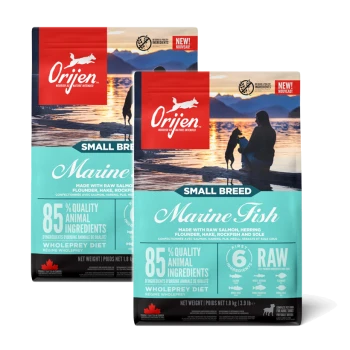 Zwei Beutel Orijen Small Breed Marine Fish Hundefutter am Wasser, die "85% hochwertige tierische Zutaten" mit verschiedenen Fischen präsentieren.