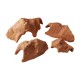 Quatre pierres décoratives pour aquarium de différentes tailles et formes, présentant une couleur brun rougeâtre naturelle et des surfaces texturées.
