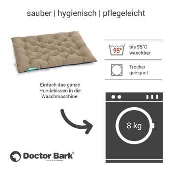 Hundebett von Doctor Bark, beschriftet mit "sauber | hygienisch | pflegeleicht," maschinenwaschbar bis 95°C, trocknergeeignet, geeignet für 8 kg.