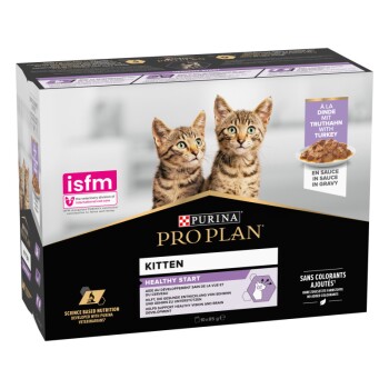 Purina Pro Plan kitten food box featuring two playful tabby kittens on the front, labeled "Healthy Start" with turkey in gravy.