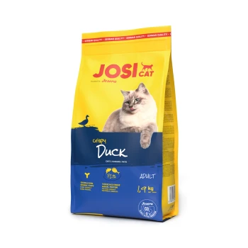 JosiCat Crispy Duck Katzenfutterbeutel für erwachsene Katzen, 1,9 kg, gelbe und blaue Verpackung mit Katzenbild und Text „Deutsche Qualität“.