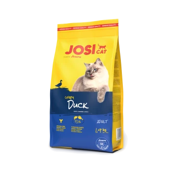 JosiCat Crispy Duck Katzenfutterbeutel für erwachsene Katzen, 1,9 kg, gelbe und blaue Verpackung mit Katzenbild und Text „Deutsche Qualität“.