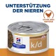 Hill's Prescription Diet k/d Dosenfutter für Hunde, mit Huhn und Gemüse, mit dem Text "Unterstützung der Nieren" und einem Hühnersymbol.