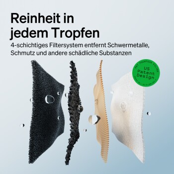 4-lagiger Haustierbrunnenfilter in Schwarz, Braun und Weiß mit Wassertropfen, der Reinheit und Filtrationsvorteile betont.