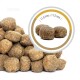 Braune Haustierfutterkibbles, die zusammen gestapelt sind, mit einer Nahaufnahme, die eine Größe von 11,5 mm x 11,5 mm zeigt.