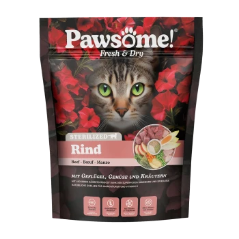 Fresh & Dry Katzenfutterbeutel mit dem Gesicht einer getigerten Katze und roten Blumen, beschriftet mit 'Sterilized Beef' mit Rindfleisch, Geflügel, Gemüse und Kräutern.
