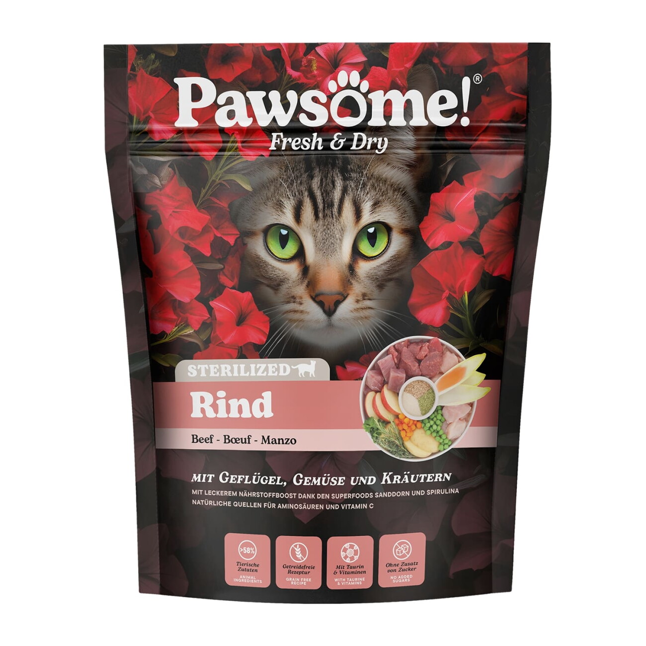Pawsome Fresh & Dry Trockenfutter Katze, Adult, Sterilised, Rind 750 g