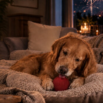 Golden Retriever liegt auf einer weichen Decke auf dem Sofa und kaut an einem roten Ball; Kerzen und Feuerwerk sind durch das Fenster sichtbar.