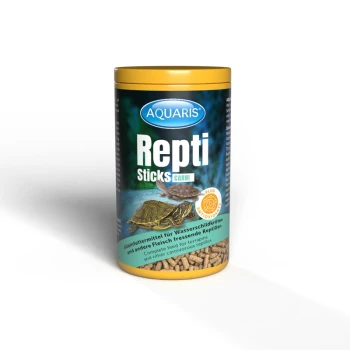 Behälter mit Aquaris Repti Sticks, einem Hauptfutter für Schildkröten und Eidechsen, mit Bildern einer Schildkröte und einer Eidechse.