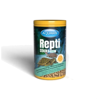 Behälter mit Aquaris Repti Sticks, einem Hauptfutter für Schildkröten und Eidechsen, mit Bildern einer Schildkröte und einer Eidechse.