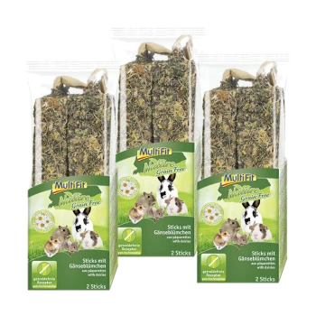 Three packages of Multifit Nature Grain Free pet treats, featuring two sticks each, made with daisies, suitable for small animals.