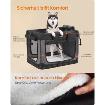 Husky in grauer, weicher Hundebox; deutscher Text 'Sicherheit trifft Komfort' und 'Komfort auf neuem Niveau'; weiche Polsterung gezeigt.