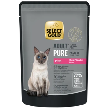 Select Gold Adult Pure Horse Nassfutter für Katzen im Beutel mit Bild einer Siamkatze, getreidefrei, ohne Zuckerzusatz oder Soja, 72 % Pferdefleisch.