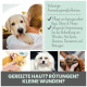 Tierpflege-Anzeige, die eine Person mit einem Hund zeigt und Behandlungen für Haut, Ohren und Pfoten bei Wunden, Hotspots, Ekzemen und Rötungen bewirbt.