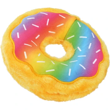 Bunte, plüschige, donutförmige Haustierliege mit einem Regenbogen-Glasurdesign und weißen Streuseln, mit einem weichen gelben Außenrand.