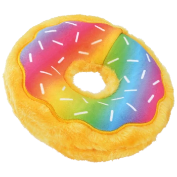 Bunte, plüschige, donutförmige Haustierliege mit einem Regenbogen-Glasurdesign und weißen Streuseln, mit einem weichen gelben Außenrand.