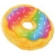Kleurrijk pluche donut-vormig hondenbed met een regenboog glazuurontwerp en witte sprinkles, met een zachte gele rand.