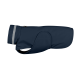 Ein marineblauer Hundemantel mit reflektierenden Streifen, mit einem Reißverschluss und einer Seitentasche für zusätzlichen Komfort.
