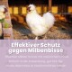 Weißes flauschiges Huhn steht auf Erde, darunter deutscher Text über effektiven Schutz vor Milbenbissen.