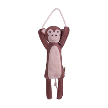 Ein plüschiges Affen-Spielzeug mit einem lächelnden Gesicht, braunem und beigem Stoff und einer Aufhängeschlaufe oben, entworfen für Haustiere.