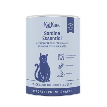 KatKare Sardine Essential Katzensnack-Dose, blaues Etikett mit Katzenillustration; Text: 'Hypoallergene Snacks' und 'Snack gut.'