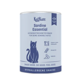 KatKare Sardine Essential Katzensnack-Dose, blaues Etikett mit Katzenillustration; Text: 'Hypoallergene Snacks' und 'Snack gut.'