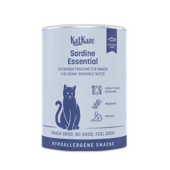KatKare Sardine Essential Katzensnack-Dose, blaues Etikett mit Katzenillustration; Text: 'Hypoallergene Snacks' und 'Snack gut.'