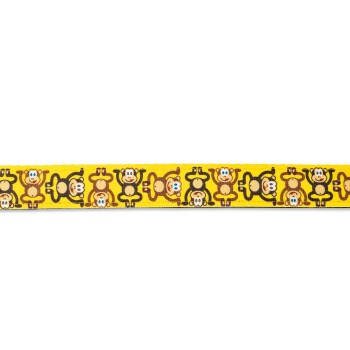Gelbes Haustierhalsband mit wiederholten Comic-Affen-Gesichtern und einer Metallschnalle.