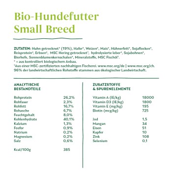 Bio-Hundefutter für kleine Rassen, mit Zutaten wie getrocknetem Huhn, Hafer und Erbsen. Nährwertinformationen umfassen Proteine, Vitamine und Mineralien.