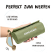 Eine Hand hält eine grüne Haustierspielzeugtasche mit der Aufschrift 'Rudel König', mit dem Text 'Perfekt zum Werfen' und den Abmessungen 18 cm x 7 cm.