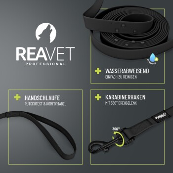 Schwarze REAVET Professional Hundeleine, wasserabweisend, Schlaufen-Griff, 360°-Drehkarabiner; Text: WASSERABWEISEND