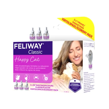 FELIWAY Classic Happy Cat, een economische verpakking met drie flessen van 48 ml, ontworpen om stressgerelateerd gedrag bij katten te verminderen.
