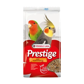 Eine Tüte Versele-Laga Prestige Vogelfutter für große Wellensittiche, mit bunten Bildern eines grünen Liebesvogels und eines Nymphensittichs auf der Vorderseite.