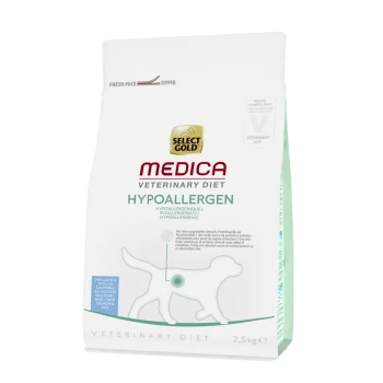 2,5 kg Sack Select Gold Medica Veterinärdiät hypoallergen Katzenfutter, mit einer Hundegrafik und hypoallergener Formel.