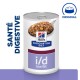 Nourriture en conserve faible en gras Hill's Prescription Diet i/d pour animaux de compagnie, présentant une cuillerée de la nourriture, avec le texte 'Santé Digestive' sur le côté.