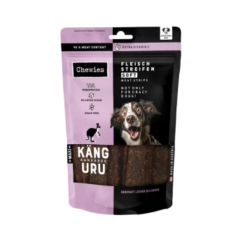 Soft mięsne paski - Kangur 150 g Przysmaki dla psów Chewies Meat Strips Maxi, 150g, naturalna przekąska z dodatkową witaminą C, z brązowym psem na opakowaniu, wyprodukowane w Niemczech.