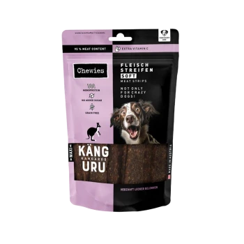 Chewies Meat Strips Maxi Hundeleckerlis, 150 g, natürlicher Snack mit extra Vitamin C, mit einem braunen Hund auf der Verpackung, hergestellt in Deutschland.