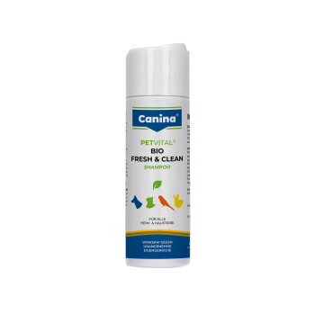 Weiße Flasche Canina Petvital 'Bio Fresh & Clean' Shampoo für Haustiere, mit bunten Tier-Symbolen und deutschem Etikett.