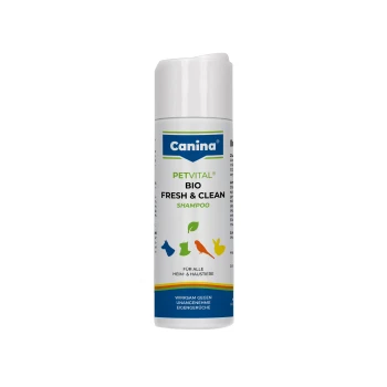 Weiße Flasche Canina Petvital 'Bio Fresh & Clean' Shampoo für Haustiere, mit bunten Tier-Symbolen und deutschem Etikett.