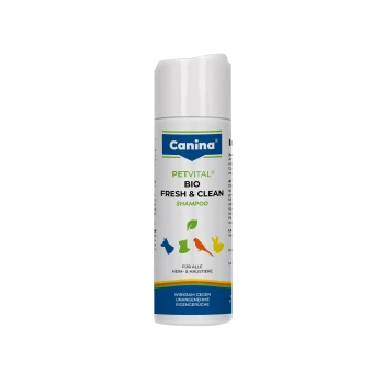Weiße Flasche Canina Petvital 'Bio Fresh & Clean' Shampoo für Haustiere, mit bunten Tier-Symbolen und deutschem Etikett.